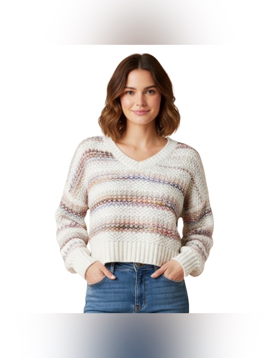 Francesca's Collections Sweaters - Cream Cream White Rainbow Striped Long Sleeve Cropped Sweater Francesca’s Shelly